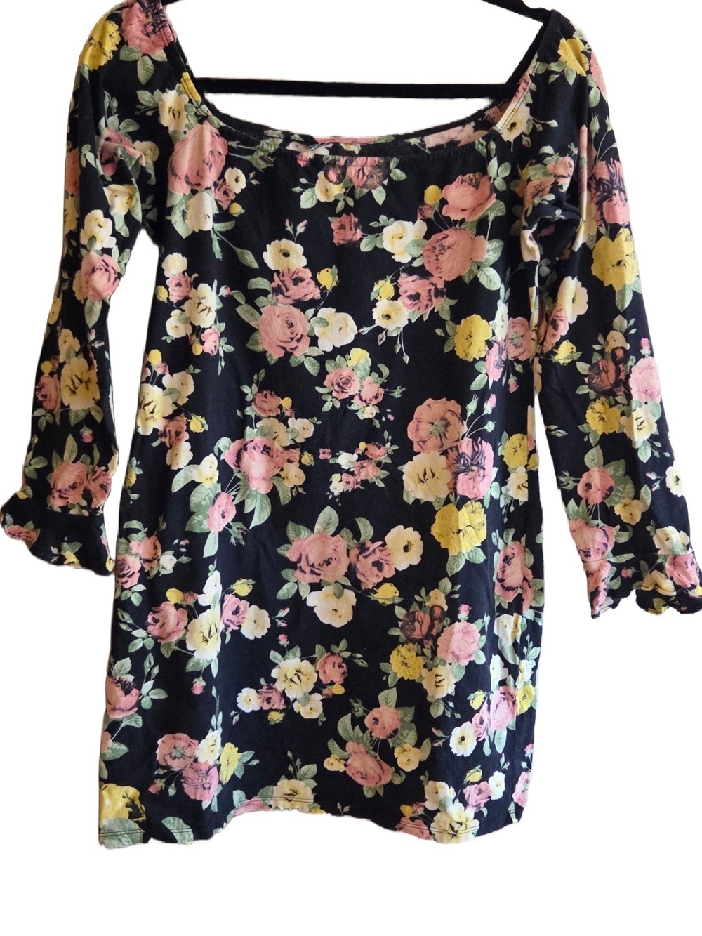 Black Floral Scoop Neck Top with Pink & Yellow Blooms XL